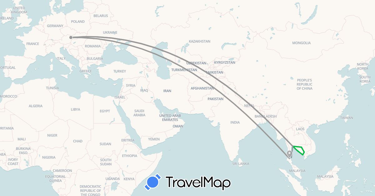 TravelMap itinerary: bus, plane, boat in Austria, Cambodia, Thailand (Asia, Europe)